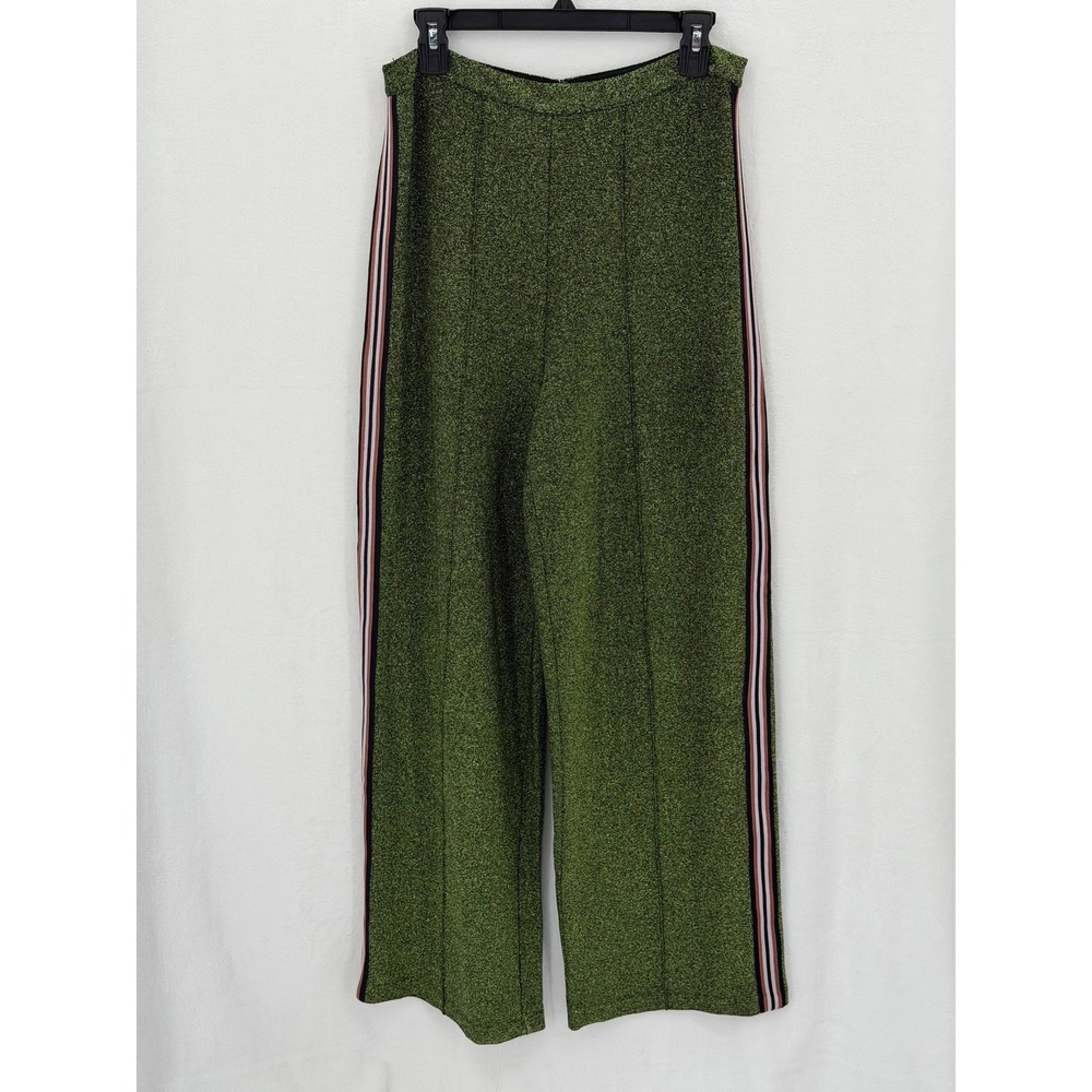H&M‎ Pants Women 10 Metallic Green Glitter Wide Leg Side Stripe High Waist Disco
